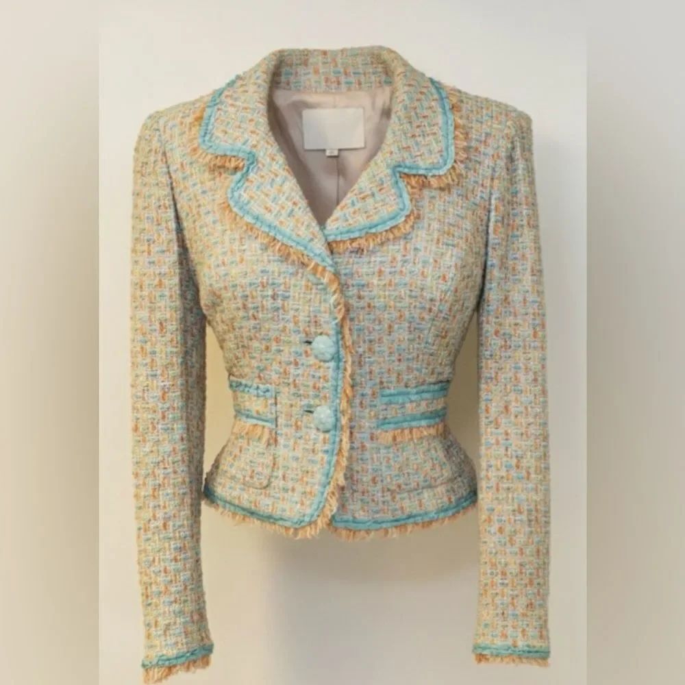 Cynthia Steffe Tweed Fringe Cropped Blazer Teal Orange Multi-Color Jacket NWT S